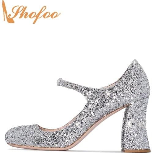 Silver Sequined Cloth Crystal High Square Heels Round Toe Mary Jane Pumps Woman Large Size 12 16 Lady Fashion Party Shoes Shofoo