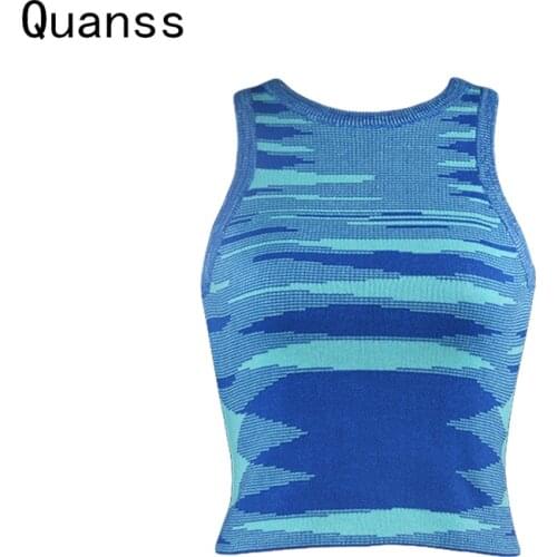 Quanss 2021 New Summer Knit Crop Top Women Sleeveless Slim Y2k Sweater Vest StreetwearSexy Basic T Shirt Blue Tank Tops