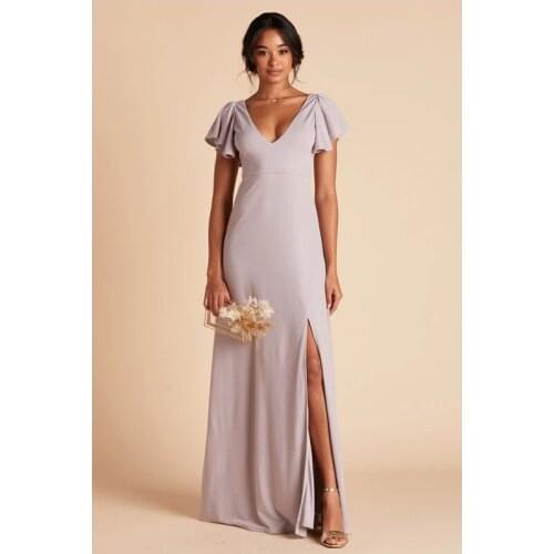 Elegant A Line Ruffles V Neck Floor Length Short Sleeves Bridesmaid Dresses Simple Flare Sleeve Zipper Up Wedding Gowns Women