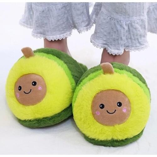 Winter Home Women Fur Slippers Cartoon Avocado Design Green Bedroom Ladies Shoes One Size Indoor Warm Fur Women Slippers