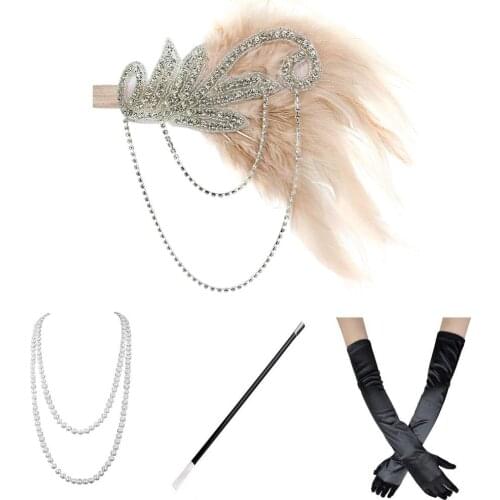 1920s Flapper Costume Gatsby Accessories Set for Women Roaring 20s Headband Earrings Necklace Gloves Cigarette Holder Gold,Wine