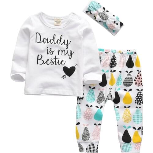 3pcs/set Baby Girls Clothing Sets Daddy is my bestie Letter Printed Top and Colorful Printed Pants Plus Headband Set Infant Suit