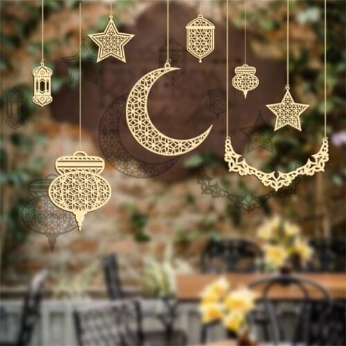 5/9Pcs Wooden Eid Mubarak Hanging Pendant Ornamen Star Moon Fairy String Cupcake Home Table Decoration Craft Party Supplies