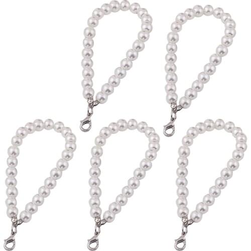 5Pcs Faux Pearl Wristlet Chain Strap for Wallet White Pearls Wristlet Lanyard Keychain Hand Straps Kit For Purse Keys W0YA