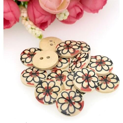 50PCs Wooden Sewing Buttons Scrapbooking Round Two Holes Flower Pattern 15mm Dia. buttons for clothing decorative B200610