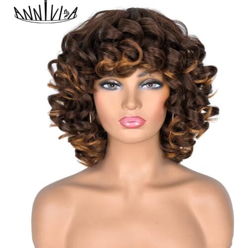 Short Hair Afro Curly Wig With Bangs For Black Women Synthetic Ombre Glueless Cosplay Wigs High Temperature Annivia
