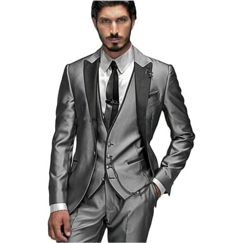 Shiny Silver Gray Groom Tuxedos Handsome Man Work Business Suit Prom Party Blazers Dress (Jacket+Pants+Vest+Tie) W:202