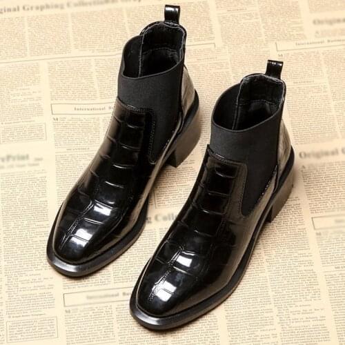 2021Autumn Winter Women Patent Leather Ankle Boots Vintage Female Spuare Toe Slip On Ankle Boots Comfortable Botas Zapatos Mujer