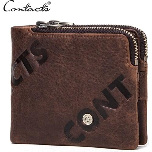 CONTACTS Double Zipper Men Wallets Crazy Horse Cow Leather Small Purses Male Card Holder Coin Pocket RFID Portfolio Portomonee