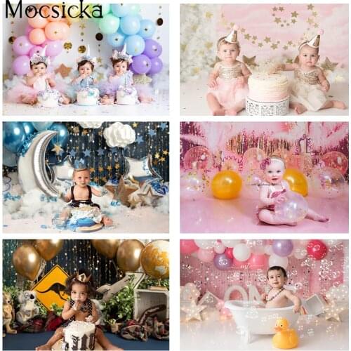 Girls Newborn Kids Birthday Rainbow Balloons Backdrop for Photography Cake Smash 1st Birthday Children Pink Photo Background