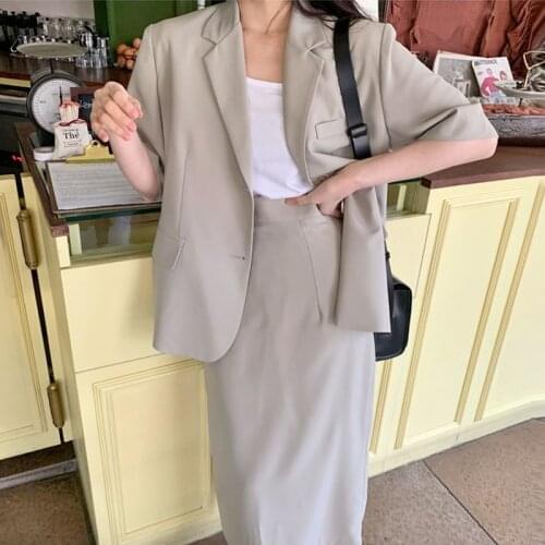 Casual Two Piece Set Women Skirt Vintage Elegant Turn-down Collar Short Sleeve Suit And High Waist Bodycon Long Skirt Suit Set