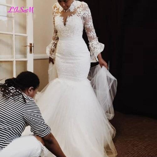 Lace Mermaid Tulle Wedding Dresses 2020 Sexy Long Sleeves Appliques Bridal Gowns Elegant African Wedding Gowns