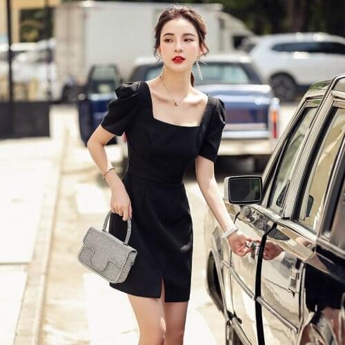 Summer Dress Retro lacing Women Square collar Mini Sexy Black Dress Elegant Puff Sleeve Dresses Korean Vestidos women dress