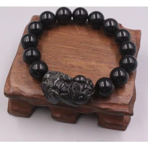 New Obsidian Bracelet Width 12mm Black Round Beads And Pixiu Bracelet Diameter 55-58mm