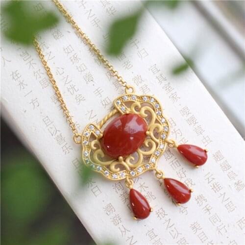 Natural south red tourmaline tassel Pendant Necklace Chinas Retro palace style hollowed out luxury noble womens silver jewelry