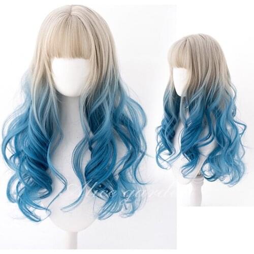 Dyed Gradient Grey Beige Blue Kawaii Lolita Wig Harajuku 60cm Long Curly Hair Wavy Chic Girls Women Princess Cosplay Daily Wear