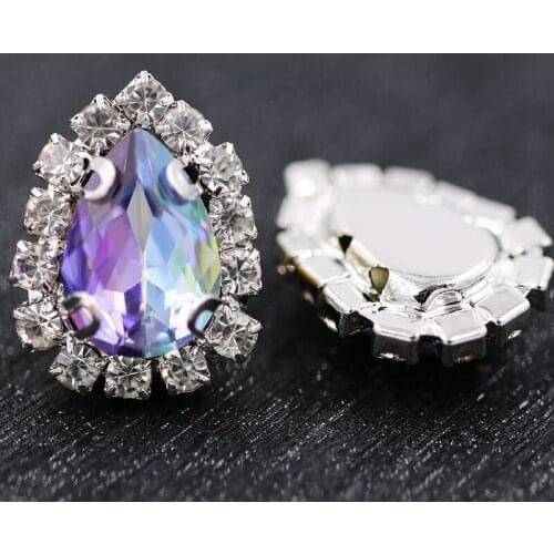 New 6x8mm/7x10mm glass rhinestones teardrop sew on crystal button Lotus purple Laser crystals rhinestones nail art accessories