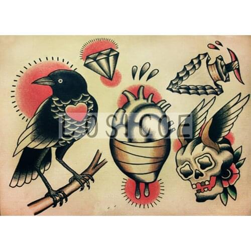 "Raven Diamond Skull" Tattoo Design Manuscript Painting Wall Art Retro Kraft Poster Wall Sticker Barber Shop Home Decor