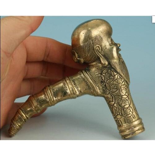 Wang671115843*++Asian Chinese Old Hand BRASS Carved Buddha Sage Statue Walking SticK Head halloween