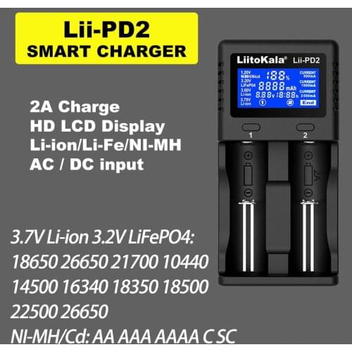 2021 New LiitoKala Lii-PD2 battery Charger for 18650 26650 21700 18350 AA AAA 3.7V/3.2V/1.2V lithium NiMH batteries