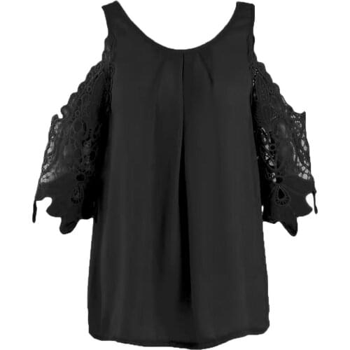 Solid Color Women Shirt Cold Shoulder O Neck female tank Tops Hollow Lacy Sleeve Pleat lady Blouse Top