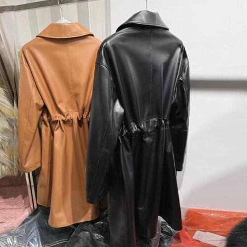 Autumn Real Leather Windbreak Ladies Long Lambskin Coat