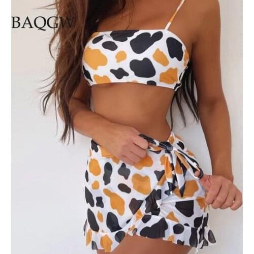 Three Piece Bikinis Womens Swimsuits Print Swimwear Fashion Bikini 2 Piece Bathing Suits Mesh Skirt Cover Up Beachwear 2021 New