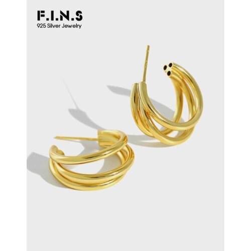 F.I.N.S Korea Style Woman 100% 925 Sterling Silver Earrings for Women Golden Layered Lines Hoop Earrings Fashion Jewelry