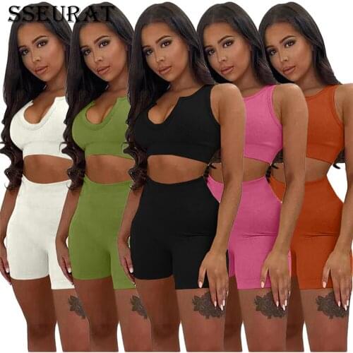 SSEURAT Women Set Summer Solid V-neck Crop Tank Tops Sheath Elastic Shorts Two 2 Piece Sets Tracksuit