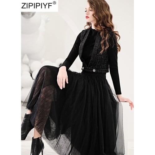 2020 NewOffice Lady Spring Black Skirt Suit 2 Piece Set Womens Sexy V-Neck Sleeveless Vest Tops + Mesh Skirt Two Piece Set