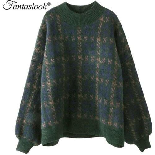 Houndstooth Knitted Sweater Women O-Neck Oversized Pullover Sweater Winter Female Vintage Jumper Streetwear Loose Sueter Mujer
