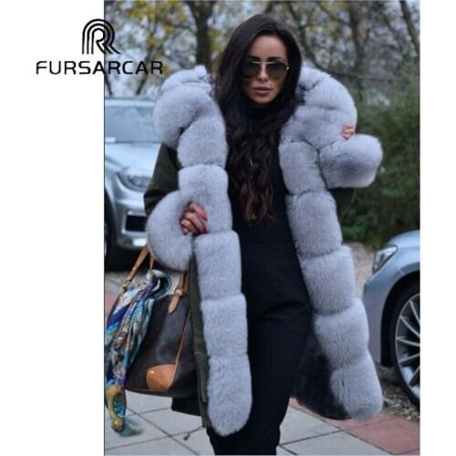 FURSARCAR Real Fur Coat Women New Winter Casual Parka With Thick Fox Fur Collar And Cuff Luxury Female Fur Parka