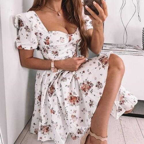 Bohe Flower Print White Dress Women 's Short Puff Sleeve Zipper Mini Sundress Elegant Summer Y2K Sexy PartyDress Ladies Clothing