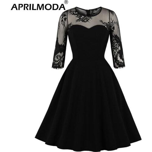 Ladies Mesh Black Gothic Dress Women Sexy Half Sleeve Round Neck Patchwork Perspective Party Swing Vintage Vestidos