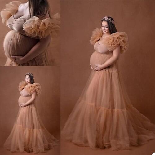 2021 Champagne Ruffle Plus Size Pregnant Prom Maternity Sleepwear Dress Nightgowns For Photoshoot Lingerie Bathrobe Nightwear