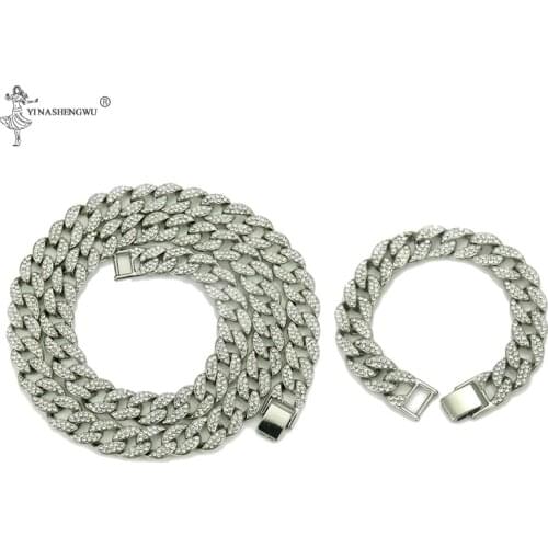 Iced Out Chain Bling Prong Miami Cuban Link Chains Necklaces 15mm Full Crystal Rhinestones Hip Hop Rap Necklace Bracelet Mens