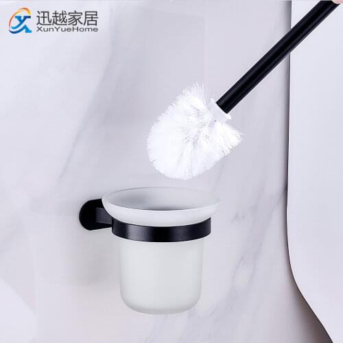 Toilet Brush Holders With Glass Caddy Cup Holder Punch-Free Wall Mounted Aluminum Handle Bathroom Cleaning Tools