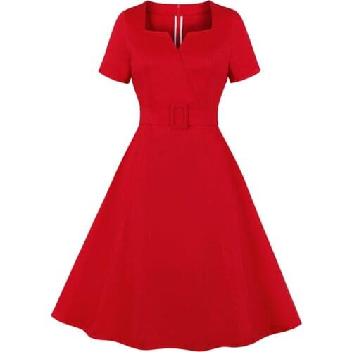 Elegant Ladies Red Dress VD1293 Short Sleeve 2021 Cotton Vintage 3XL 4XL Plus Size Women Dress with Belt