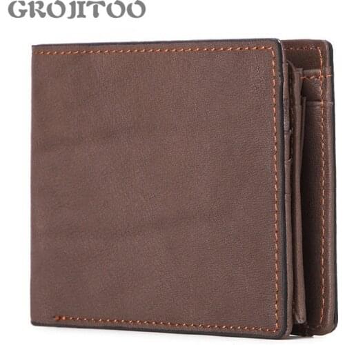 GROJITOO Casual mens wallet genuine leather two-fold short horizontal mens wallet mens card bag drivers license