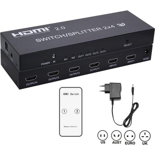 HDMI Switch 2 In 4 Out Ethernet Fast Desktop Network Switching Hub 6Port Audio Extractor Remote HDMI Splitter Jack Toslink SPDIF
