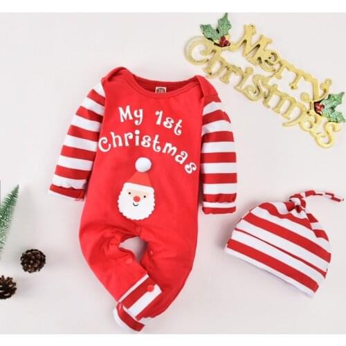 Bobora Newborn Baby My First Christmas Outfits Boys Girls Striped Button Romper With Hat
