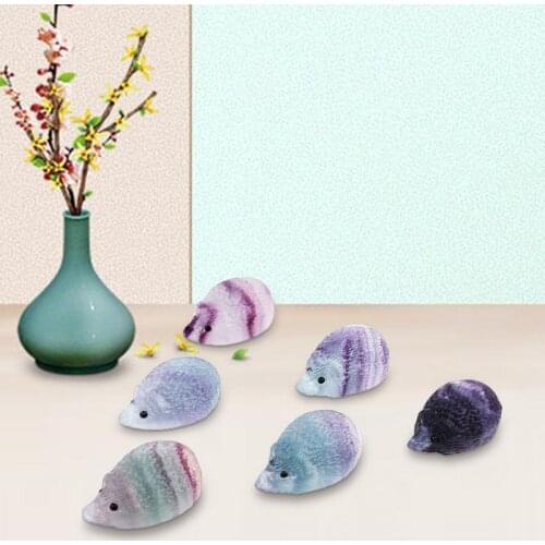 Hedgehog Crystal 4pc Natural Quartz Crystal Skull Carved Rainbow Fluorite Hedgehog Stone Healing Figurines Miniatures