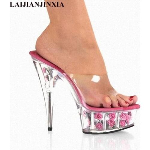 LAIJIANJINXIA New Flower Slippers Women Crystal Ladies Dance Slippers 15Cm Ultra-High Heel Platform Nightclub Queen Dance Shoes