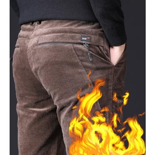 Mens Winter Pants Thick Cotton Fleece Warm Zipper Pocket Black Brown Pants Male Straight Trousers Stretch Casual Corduroy Pants