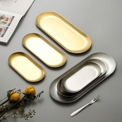 Oval Stainless Steel Food Tray Kitchen Utensils Fruit Tea Bread Snack Tableware Perfume Plates Jewelry Cutlery Storage