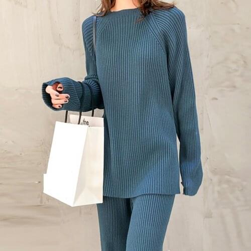 Casual Solid Knitted Two Peice Suit Women Classic Long Sleeve Sweaters Knitwear Tops And Wide Leg Pants Fashion Loose Sets