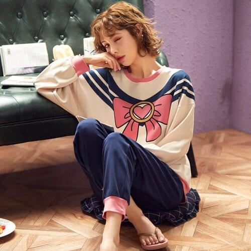 O-Neck New Year Spring Pajama Set Sailor Moon Women Sleepwear Japanese Anime Homewear Cotton Party Costume 2pcs Clothes Ladies