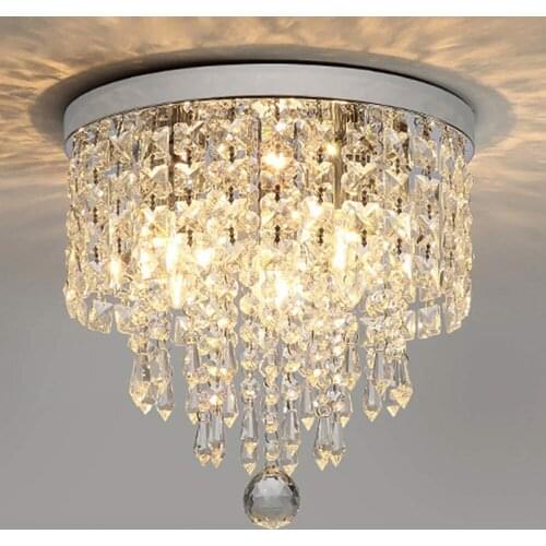 Modern 30cm Round Crystal Beads Chrome Metal And Crystal Ceiling Lighting Fixture E14 Bulb Suspended Ceiling Lamps Living Room
