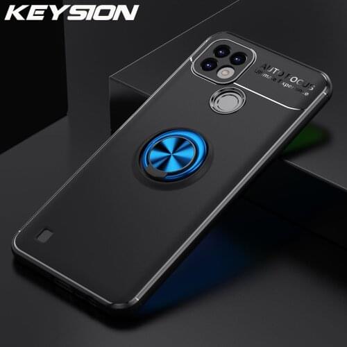 KEYSION Shockproof Phone Case For Realme C21 C20 Silicone Metal Ring Stand Phone back cover for OPPO Realme C20 C21 C17 C15 C12