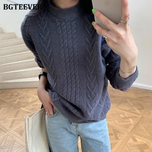 BGTEEVER Vintage O-neck Twisted Striped Women Sweater Jumpers 2021 Autumn Full Sleeve Female Knitted Pullovers Women Knit Tops